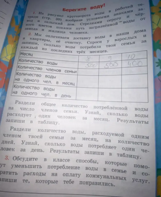 Раздели общее количество потреблённой воды на число членов семьи. Узнай, сколько воды расходует один человек за месяц. Раздели количество воды, расходуемой одним членом твоей семьи за месяц, на количество дней. Узнай, сколько воды потребляет один человек за день.