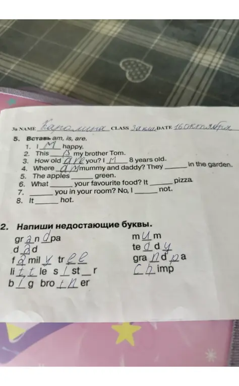 Помоги вставить am, is, are в предложения и написать недостающие буквы в словах.