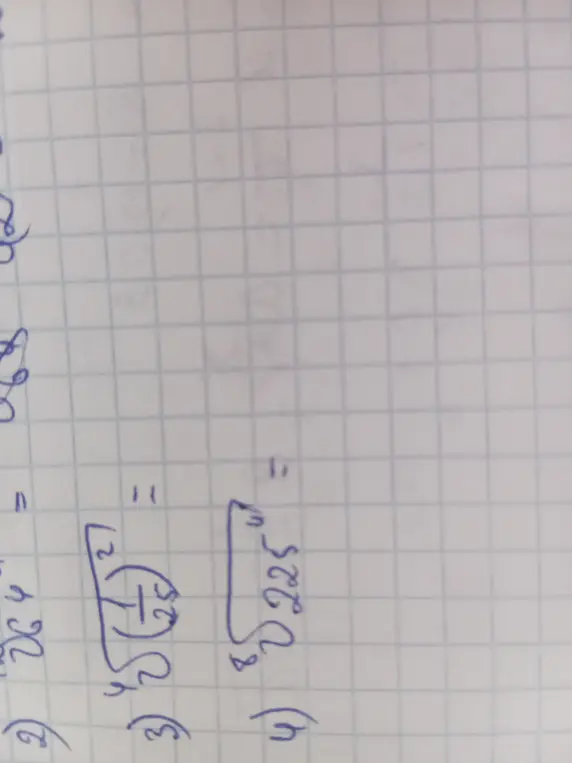 Вычисли значения выражений с корнями: 3) $\sqrt[4]{(\frac{1}{25})^2}$ и 4) $\sqrt[8]{225^{-4}}$
