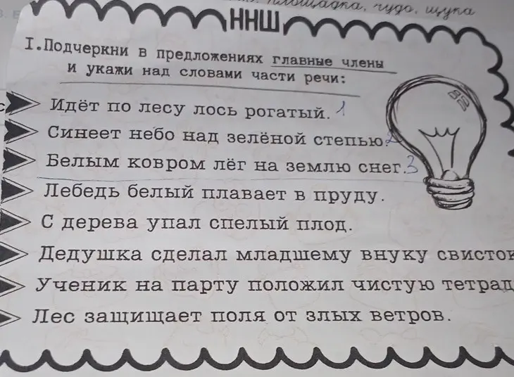 Подчеркни в предложениях главные члены и укажи над словами части речи.