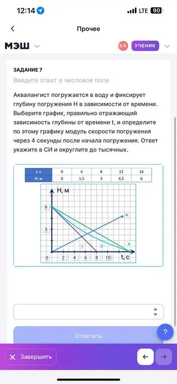 Выбери график зависимости глубины от времени и определи модуль скорости погружения через 4 секунды.