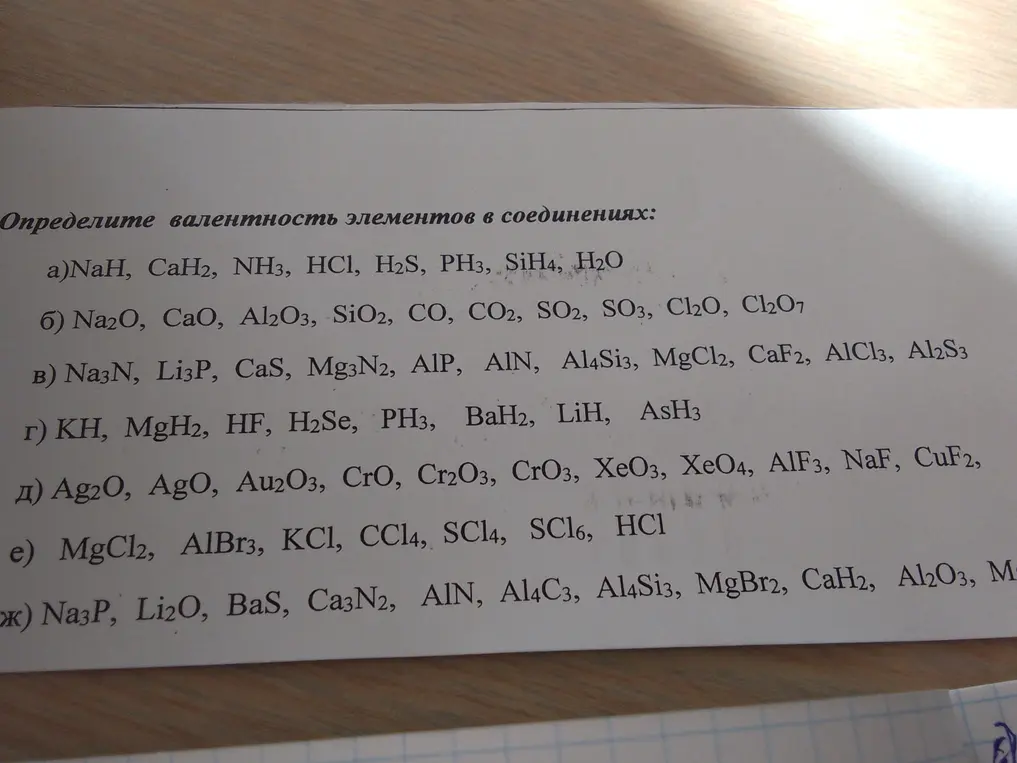Определи валентность элементов в соединениях: a) NaH, CaH2, NH3, HCl, H2S, PH3, SiH4, H2O