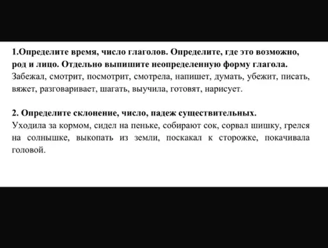Определи время, число глаголов, род и лицо. Определи склонение, число, падеж существительных.