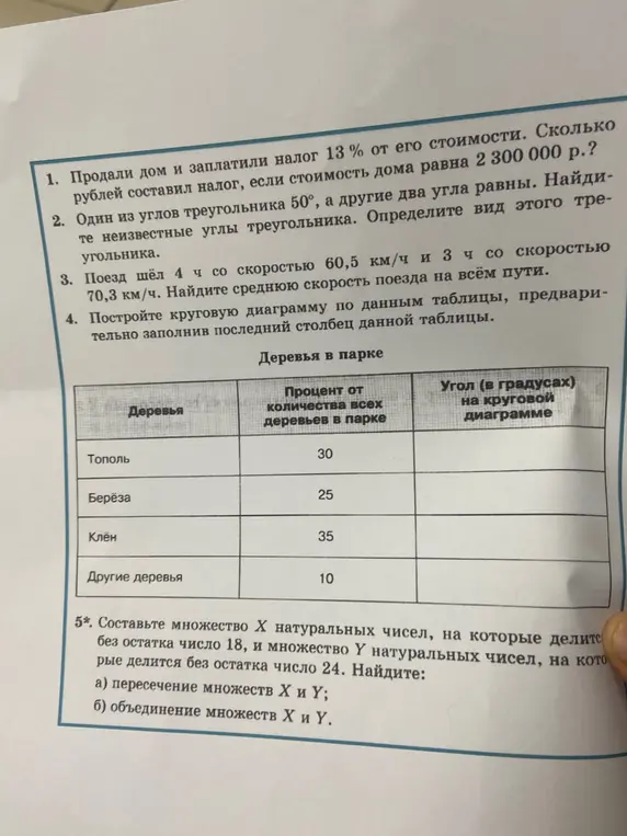 Реши задачи: 1. Найди налог, если продали дом за 2300000 р. и заплатили налог 13 % от его стоимости; 2. Один из углов треугольника 50°, а другие два угла равны. Найди неизвестные углы треугольника и определи вид этого треугольника; 3. Поезд шёл 4 ч со скоростью 60,5 км/ч и 3 ч со скоростью 70,3 км/ч. Найди среднюю скорость поезда на всём пути; 4. Построй круговую диаграмму по данным таблицы, предварительно заполнив последний столбец данной таблицы; 5. Составь множество Х натуральных чисел, на которые делится без остатка число 18, и множество У натуральных чисел, на которые делится без остатка число 24. Найди: а) пересечение множеств ХиҮ; б) объединение множеств Хи У.