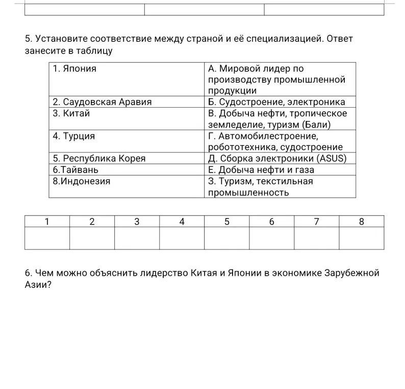 Определи долю населения Азии в мире, заполни таблицу примерами стран, напиши названия стран по городам, определи специализацию сельского хозяйства, установи соответствие между страной и специализацией, объясни лидерство Китая и Японии в экономике Зарубежной Азии.