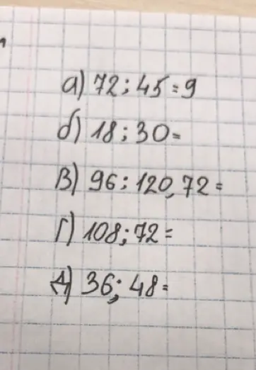 Найди наибольший общий делитель (НОД) для чисел в заданиях: а) 72 и 45, б) 18 и 30, в) 96, 120 и 72, г) 108 и 72, д) 36 и 48.