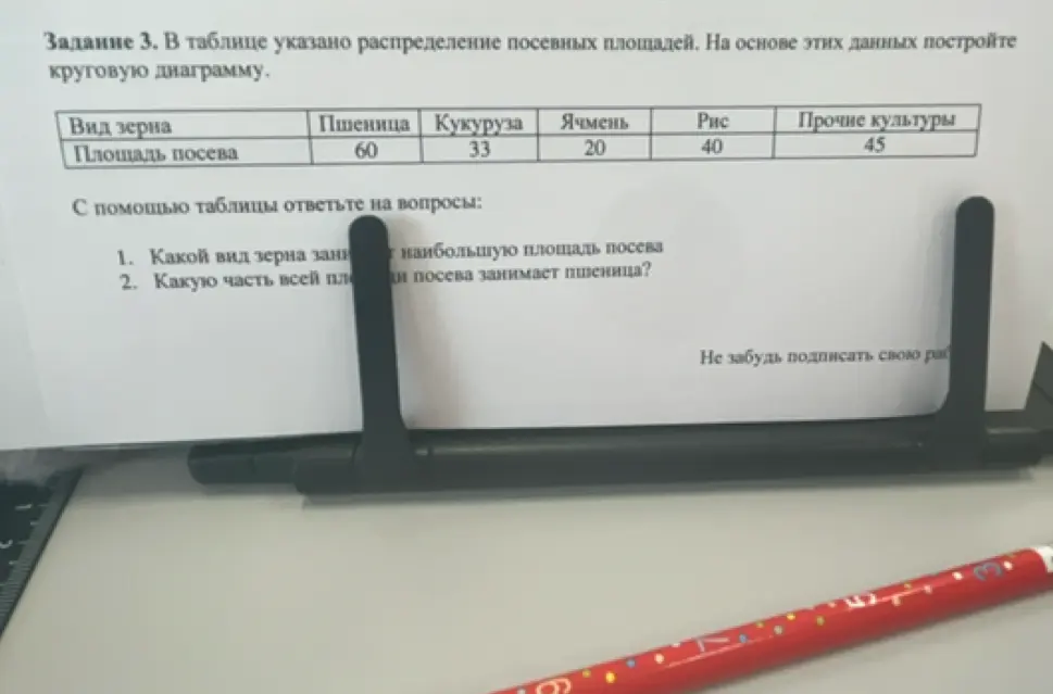 В таблице указано распределение посевных площадей. Ответь, какой вид зерна занимает наибольшую площадь посева и какую часть всей площади посева занимает пшеница?