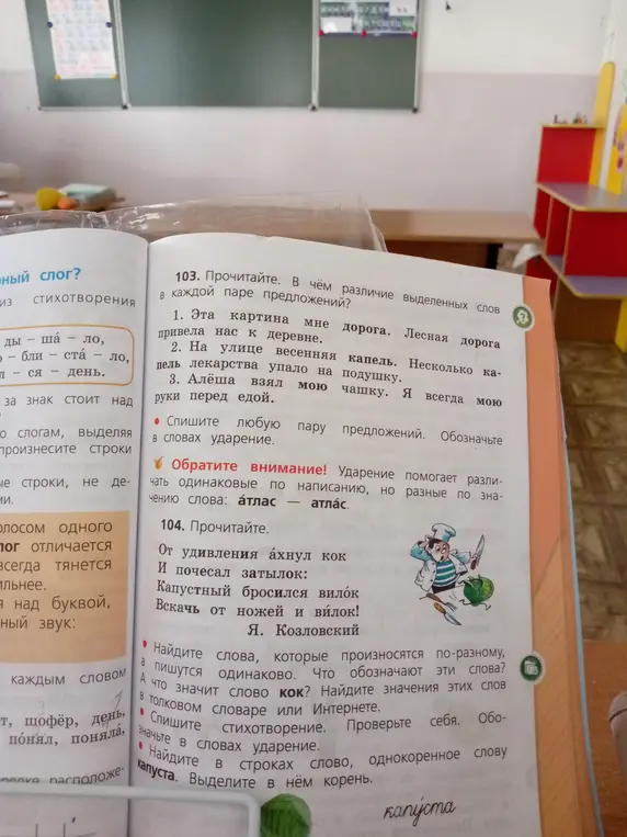 Определи различие выделенных слов в каждой паре предложений, найди слова, которые произносятся по-разному, но пишутся одинаково, и найди однокоренное слово к слову «капуста» в стихотворении.