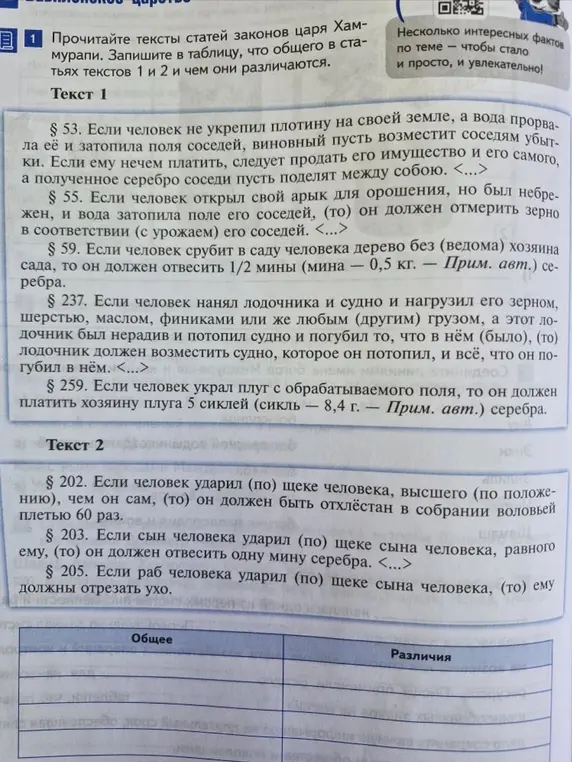 Составь таблицу, что общего в статьях текстов 1 и 2 законов царя Хаммурапи и чем они различаются.