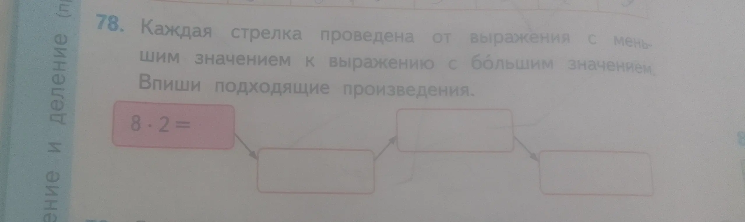 Впиши подходящие произведения в цепочку, чтобы каждое следующее произведение было больше предыдущего, начиная с 8 * 2.