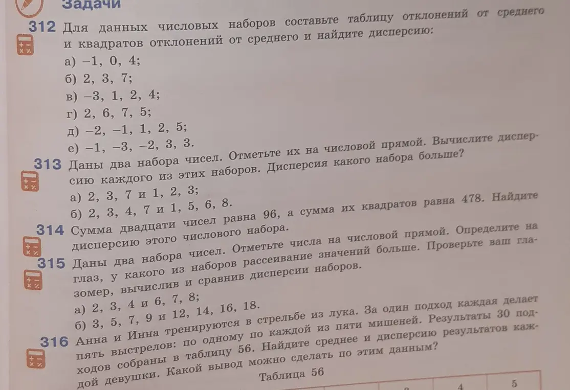 Для данных числовых наборов составь таблицу отклонений от среднего и квадратов отклонений от среднего и найди дисперсию: a) -1, 0, 4