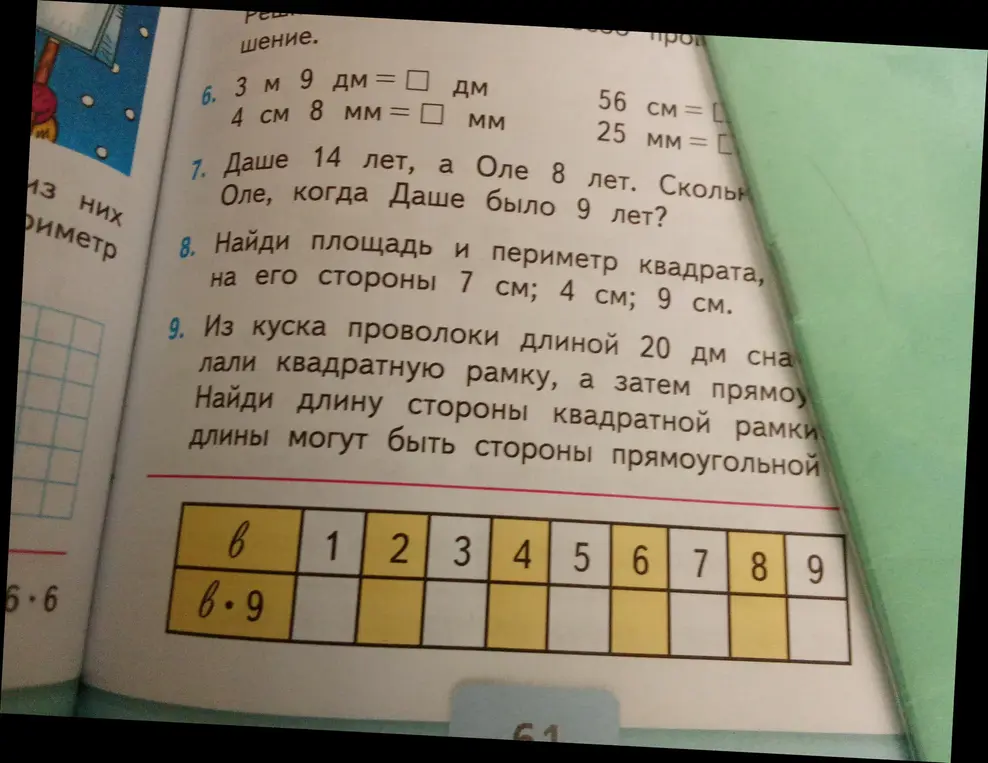 Реши задачи: переведи единицы измерения, определи возраст Оли, когда Даше было 9 лет, найди площадь и периметр квадрата, найди длину стороны квадратной рамки и возможные длины сторон прямоугольной рамки.