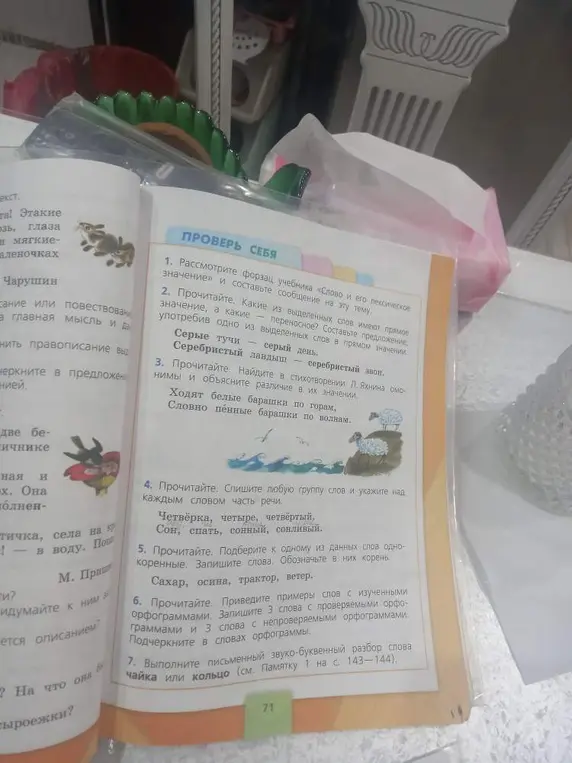 Выполни задания в учебнике "Проверь себя": рассмотри форзац, определи значения слов, найди омонимы, укажи части речи, подбери однокоренные слова, приведите примеры слов с орфограммами, выполни звуко-буквенный разбор слова.
