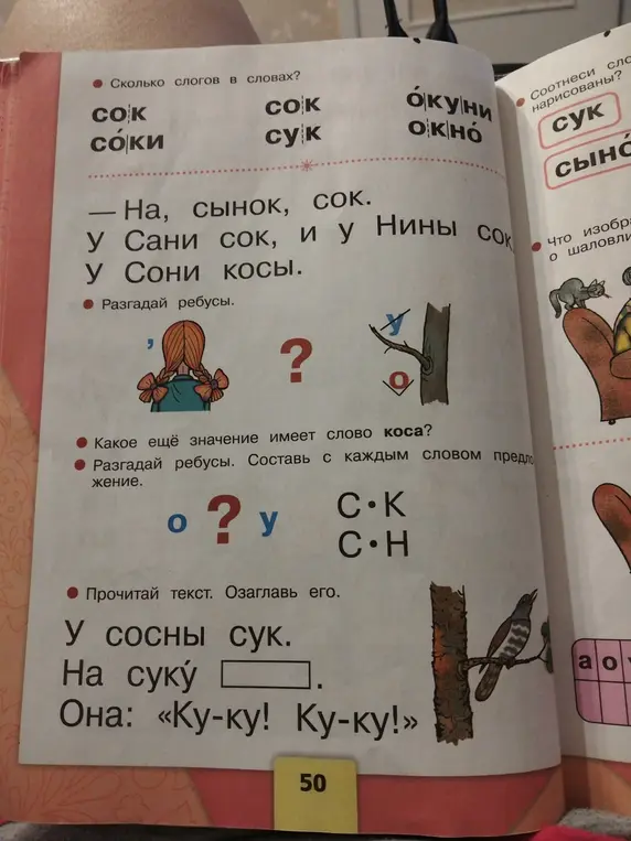 Ответь на вопросы из учебника русского языка: про слоги, ребусы и текст про кукушку.