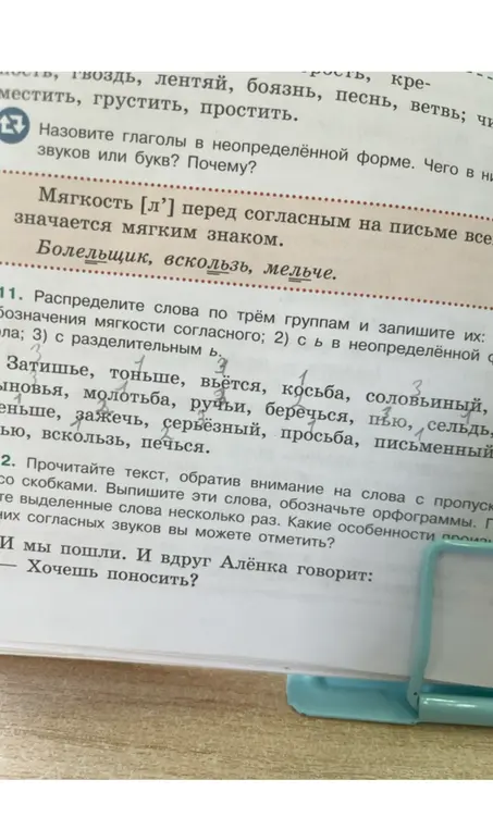 Назови глаголы в неопределённой форме, распредели слова по группам и запиши их, прочитай текст, обратив внимание на слова с пропусками.