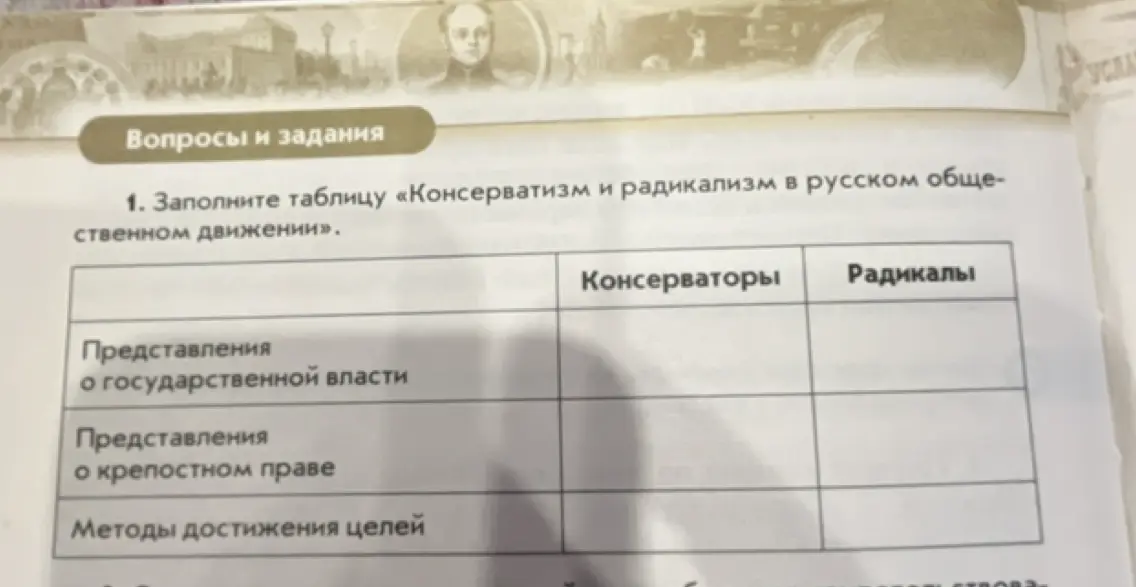 Заполни таблицу «Консерватизм и радикализм в русском общественном движении»