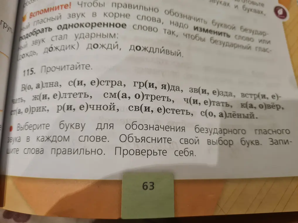 Выбери букву для обозначения безударного гласного звука в каждом слове и запиши слова правильно.