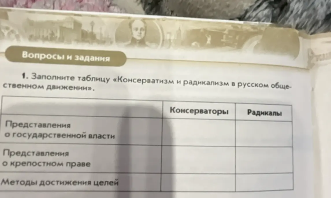 Заполни таблицу «Консерватизм и радикализм в русском общественном движении», указав только данные о радикалах.