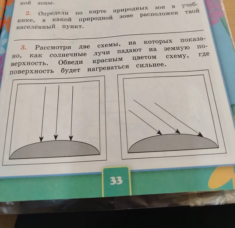 Рассмотри две схемы, на которых показано, как солнечные лучи падают на земную поверхность. Обведи красным цветом схему, где поверхность будет нагреваться сильнее.