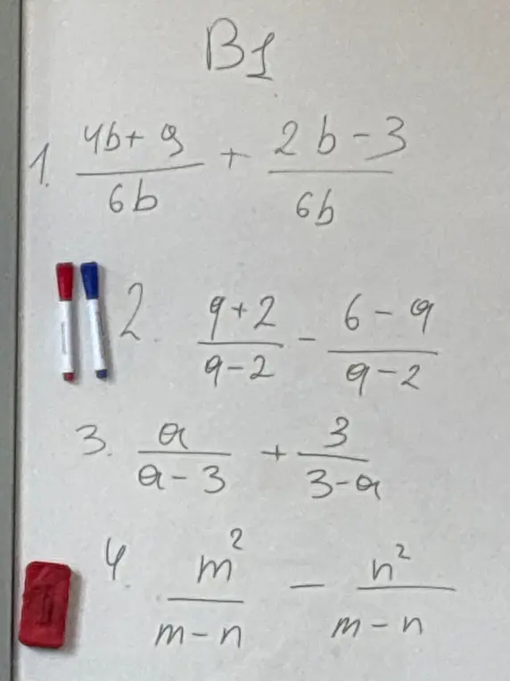 Реши примеры по алгебре: 1. (4b+9)/(6b) + (2b-3)/(6b); 2. (9+2)/(9-2) - (6-9)/(9-2); 3. a/(a-3) + 3/(3-a); 4. m^2/(m-n) - n^2/(m-n)