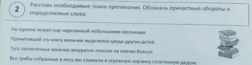 Расставь знаки препинания, обозначь причастные обороты и определяемые слова в предложениях.