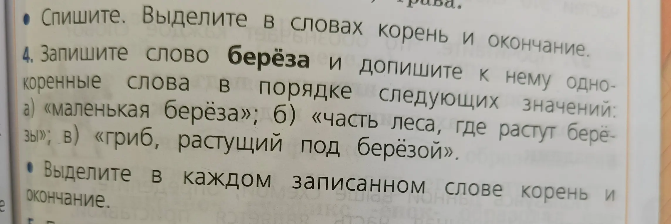 Запиши слово берёза и допиши к нему однокоренные слова в порядке следующих значений: а) «маленькая берёза»; б) «часть леса, где растут берёзы»; в) «гриб, растущий под берёзой».