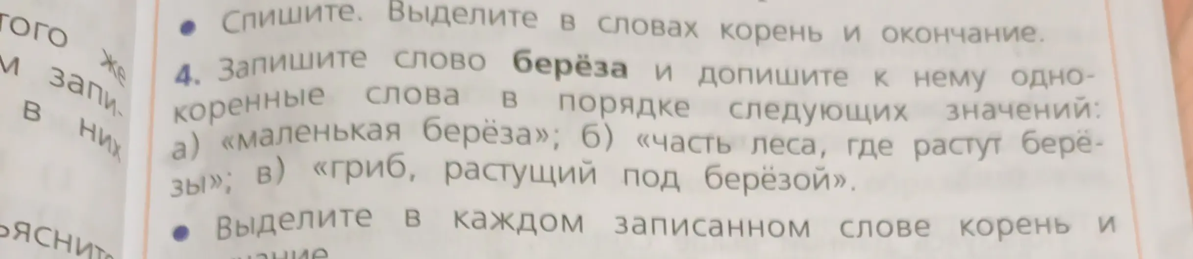 Запиши слово берёза и допиши к нему однокоренные слова: маленькая берёза, часть леса, где растут берёзы, гриб, растущий под берёзой.