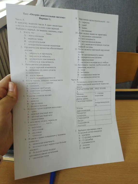 Ответь на вопросы теста по опорно-двигательной системе (вариант 1).