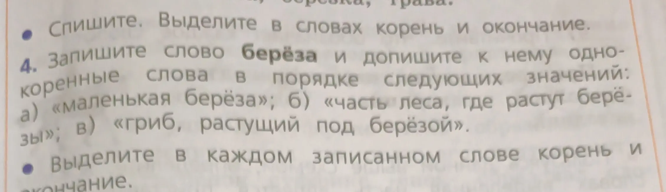 Запиши слово берёза и допиши к нему однокоренные слова в порядке следующих значений: «маленькая берёза»; «часть леса, где растут берёзы»; «гриб, растущий под берёзой» и выдели корень и окончание