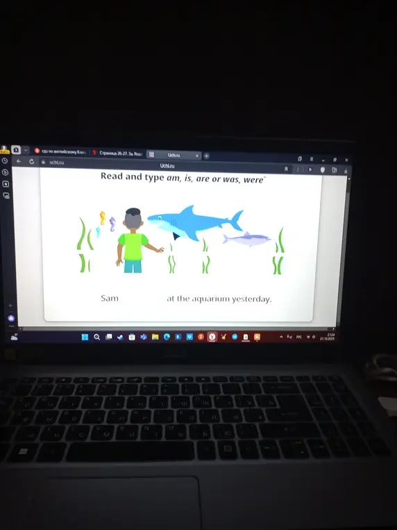Прочитай и вставь am, is, are или was, were в предложении 'Sam ... at the aquarium yesterday.'