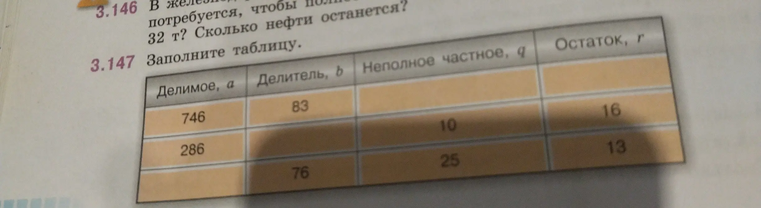 Заполни таблицу с делимым, делителем, неполным частным и остатком.