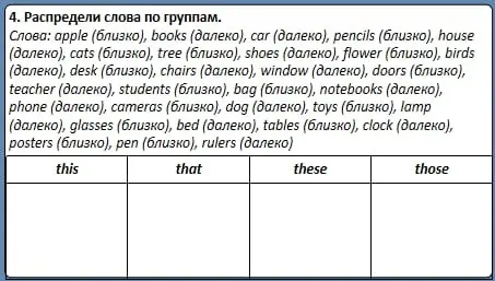 Распредели слова по группам: this, that, these, those.