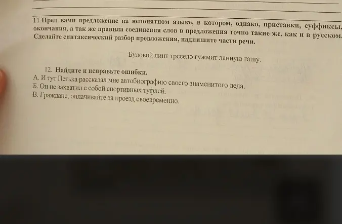 Сделай синтаксический разбор предложения «Буловой линт тресело гужмит ланную гашу» и найди и исправь ошибки в предложениях.