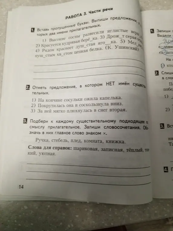 Выполни упражнения по русскому языку: вставь пропущенные буквы, отметь предложение без существительных, подбери прилагательные.