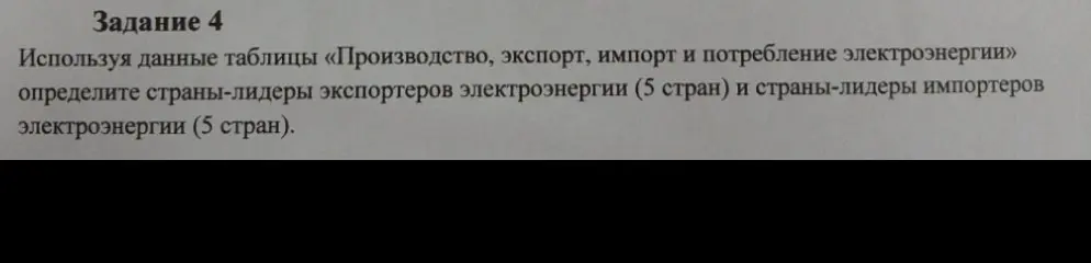 Используя данные таблицы «Производство, экспорт, импорт и потребление электроэнергии» определи страны-лидеры экспортеров электроэнергии (5 стран) и страны-лидеры импортеров электроэнергии (5 стран).