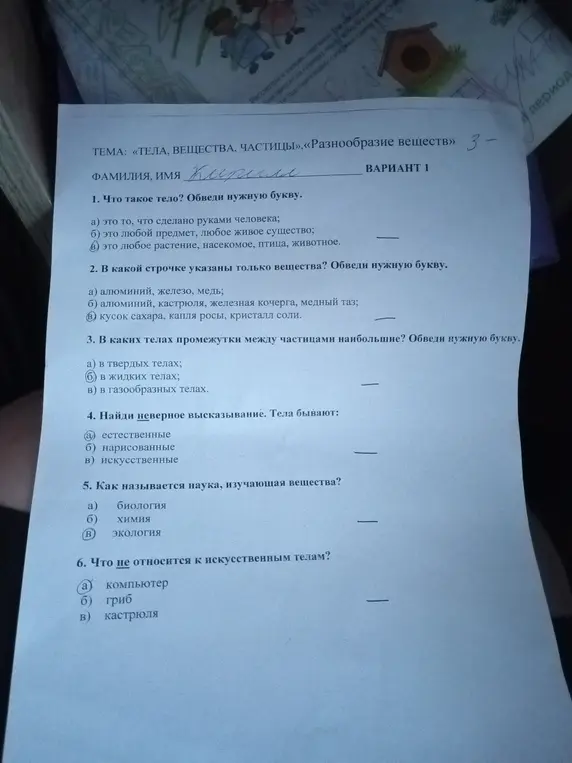 Ответь на вопросы варианта 1 по теме "Тела, вещества, частицы".