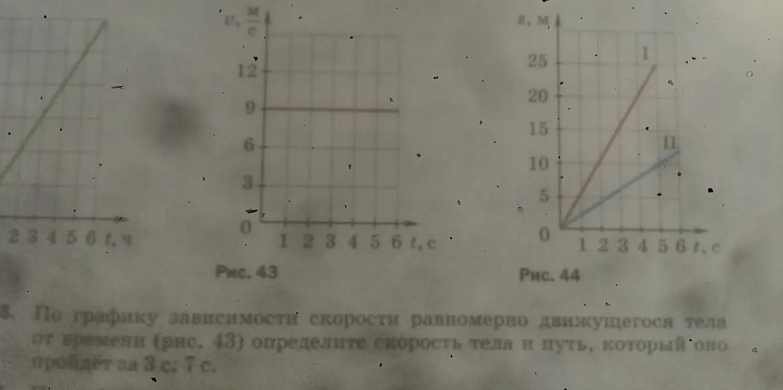 По графику зависимости скорости равномерно движущегося тела от времени (рис. 43) определи скорость тела и путь, который оно пройдёт за 3 с; 7 с.