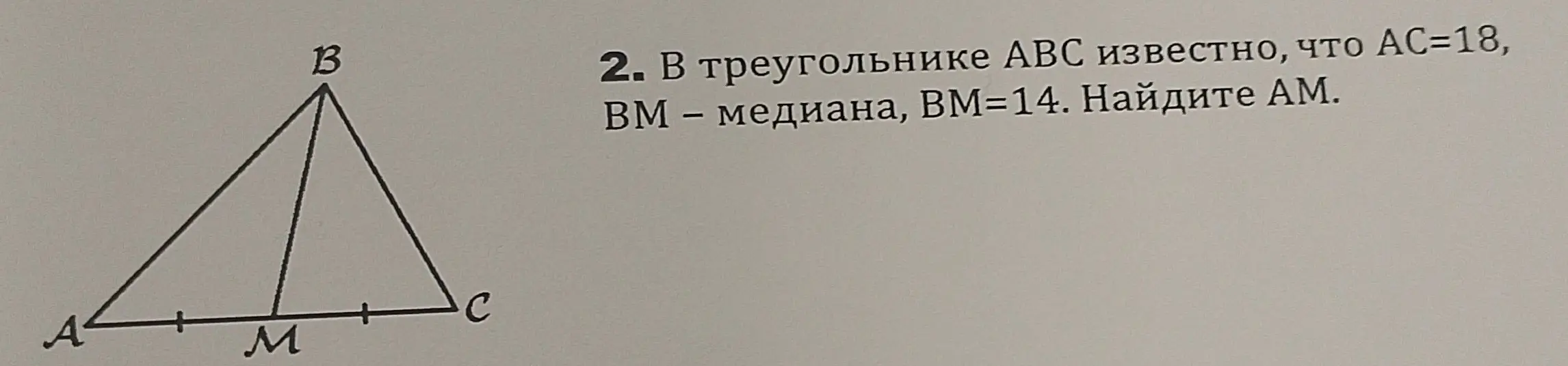 В треугольнике ABC известно, что AC=18, BM – медиана, BM=14. Найди AM.
