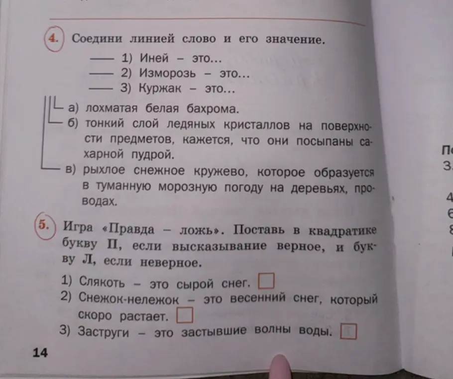 Соедини линией слово и его значение. Поставь в квадратике букву П, если высказывание верное, и букву Л, если неверное.
