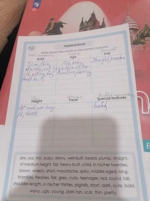 Рассортируй слова по категориям: телосложение, возраст, волосы, рост, лицо, особые признаки.