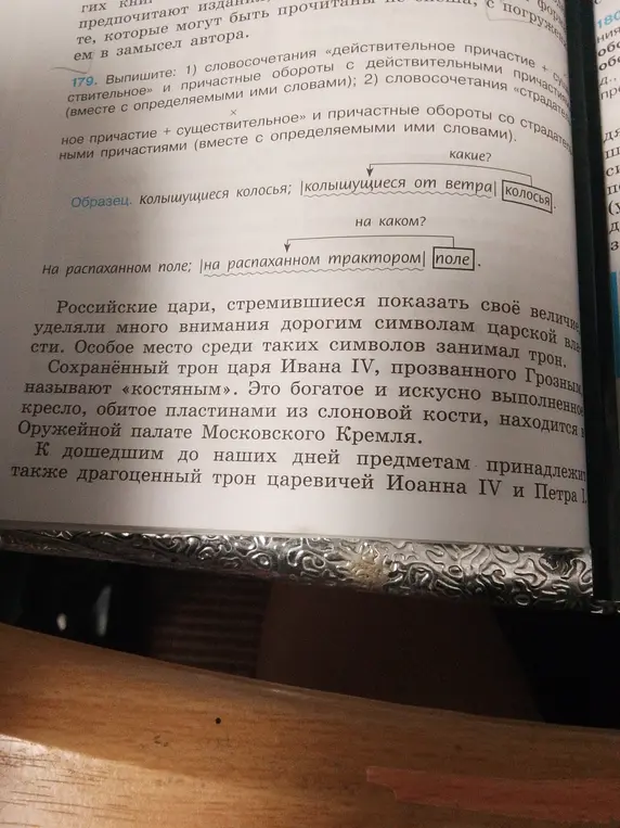Выполни словосочетания «действительное причастие + существительное» и причастные обороты с действительными причастиями (вместе с определяемыми ими словами); словосочетания «страдательное причастие + существительное» и причастные обороты со страдательными причастиями (вместе с определяемыми ими словами).