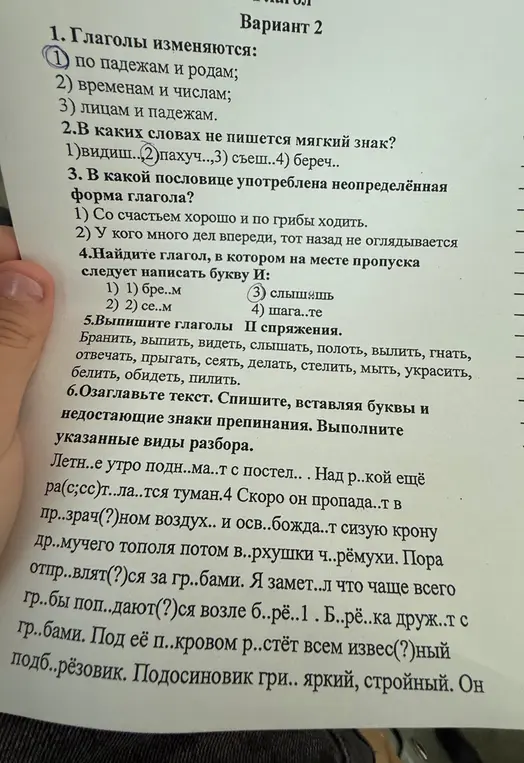 Ответь на вопросы по варианту 2: определи, как изменяются глаголы; в каких словах не пишется мягкий знак; в какой пословице употреблена неопределённая форма глагола; найди глагол, в котором на месте пропуска следует написать букву И; выпиши глаголы II спряжения; озаглавь текст, спиши, вставляя буквы и недостающие знаки препинания, выполни указанные виды разбора.