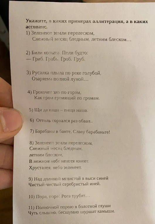 Укажи, в каких примерах аллитерация, а в каких ассонанс в стихотворениях.