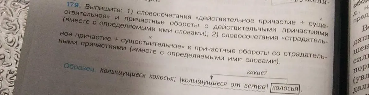 Выпиши словосочетания «действительное причастие + существительное» и причастные обороты с действительными причастиями и словосочетания «страдательное причастие + существительное» и причастные обороты со страдательными причастиями.