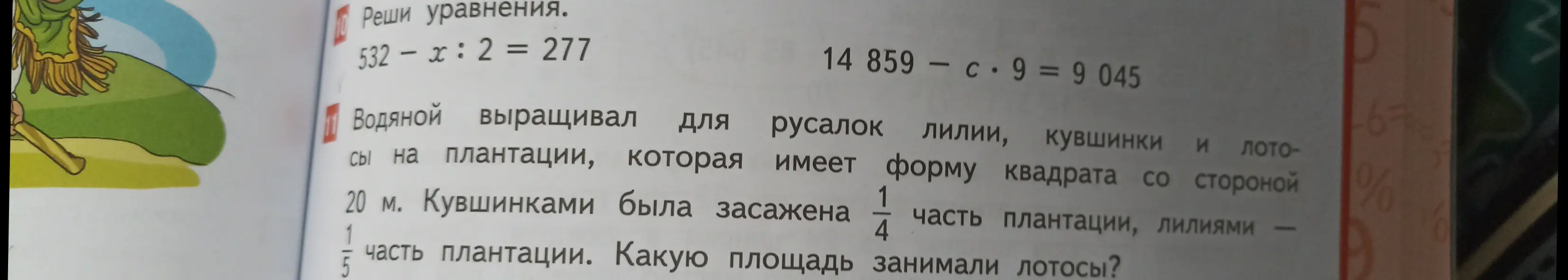 Реши уравнения 532-x: 2 = 277 и 14 859 - c * 9 = 9 045. Найди площадь, занимаемую лотосами, если площадь участка равна 20 м, кувшинками была засажена 1/4 часть плантации, лилиями — 1/5 часть плантации.