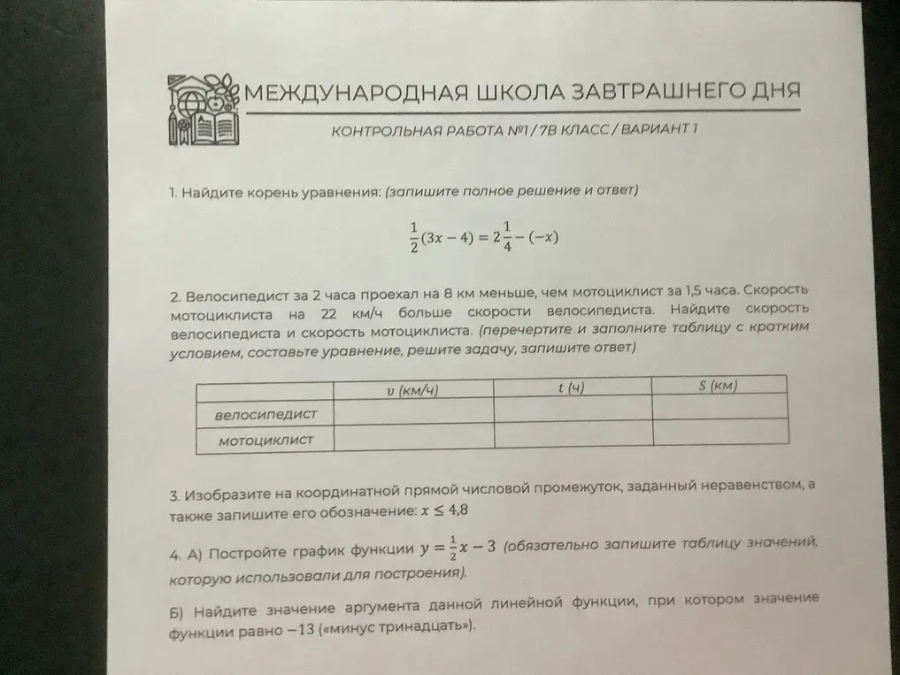 Найди корень уравнения, реши задачу про велосипедиста и мотоциклиста, изобрази числовой промежуток на координатной прямой, построй график функции и найди значение аргумента.