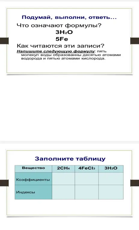 Что означают формулы $3H_2O$ и $5Fe$? Как читаются эти записи? Напиши формулу: пять молекул воды образованны десятью атомами водорода и пятью атомами кислорода. Заполни таблицу для $2CH_4$, $4FeCl_3$, $3H_2O$.