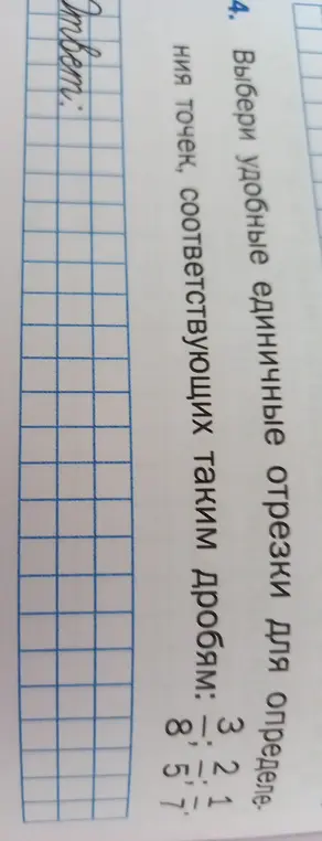 Выбери удобные единичные отрезки для определения точек, соответствующих дробям 1/8, 2/5, 3/7.