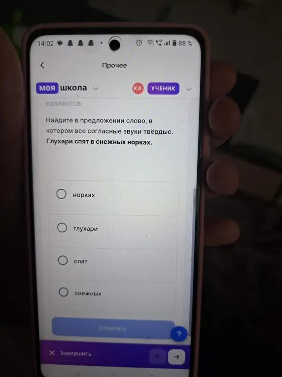 Найди в предложении слово, в котором все согласные звуки твёрдые.