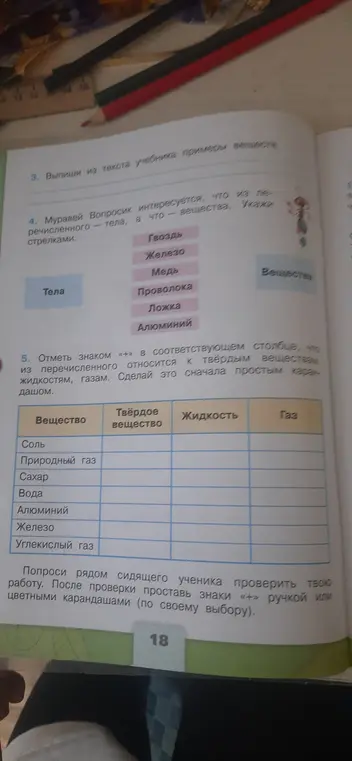 Отметь знаком «+» в соответствующем столбце, что из перечисленного относится к твёрдым веществам, жидкостям, газам.